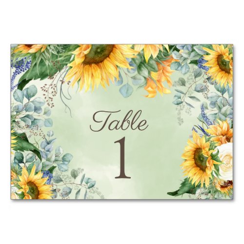 Sunflowers Eucalyptus Leaves Wedding Reception  Table Number
