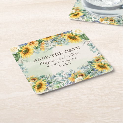 Sunflowers Eucalyptus Leaves Wedding Save Date Square Paper Coaster