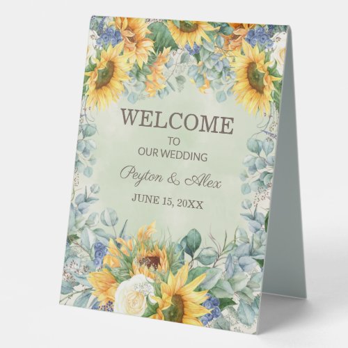 Sunflowers Eucalyptus Leaves Wedding Welcome  Table Tent Sign