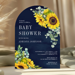 Sunflowers Eucalyptus Navy Blue Arch Baby Shower Invitation