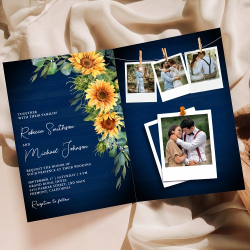Sunflowers Eucalyptus Navy Blue QR Code Wedding Invitation