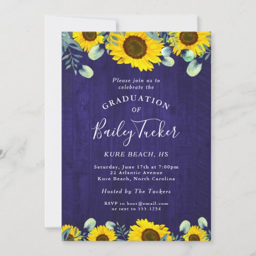 Sunflowers Eucalyptus Navy Blue Rustic Graduation Invitation