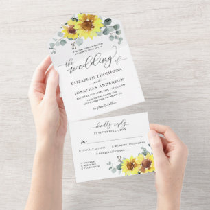Sunflowers Eucalyptus Navy Floral Wedding RSVP All In One Invitation