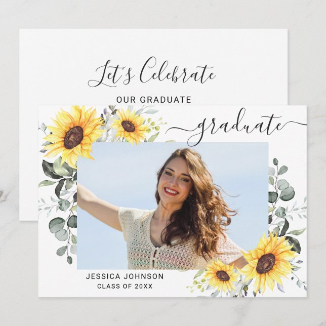 Sunflowers Eucalyptus PHOTO Grad Graduation Party  Invitation (Front/Back)