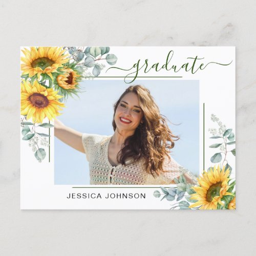 Sunflowers Eucalyptus PHOTO Graduation Party Announcement Postcard