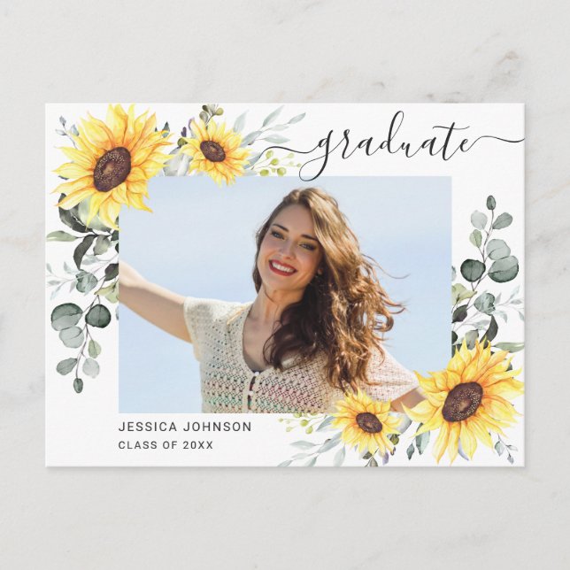 Sunflowers Eucalyptus PHOTO Graduation Party Announcement Postcard (Front)
