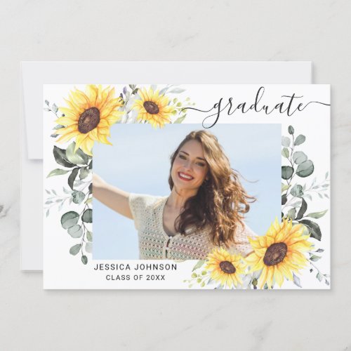 Sunflowers Eucalyptus PHOTO Graduation Party  Invi Invitation - Sunflowers Eucalyptus PHOTO Graduation Party Invitation. 
 For further customization, please click the "customize further" link and use our design tool to modify this template. 
 If you prefer Thicker papers / Matte Finish, you may consider to choose the Matte Paper Type.
