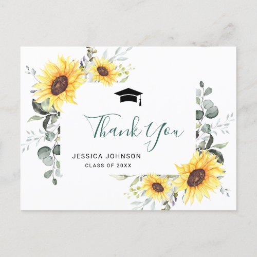 Sunflowers Eucalyptus PHOTO Graduation Thank You Announcement Postcard