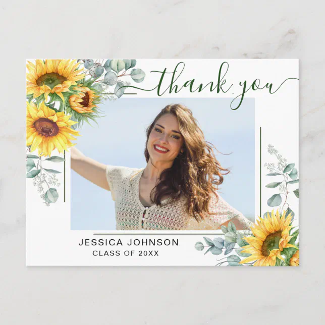 Sunflowers Eucalyptus PHOTO Graduation Thank You P Postcard | Zazzle