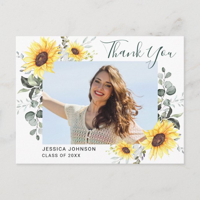 Sunflowers Eucalyptus PHOTO Graduation Thank You  Postcard (Front)