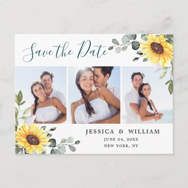 Sunflowers Eucalyptus PHOTO Wedding Save the Date Announcement Postcard (Front)