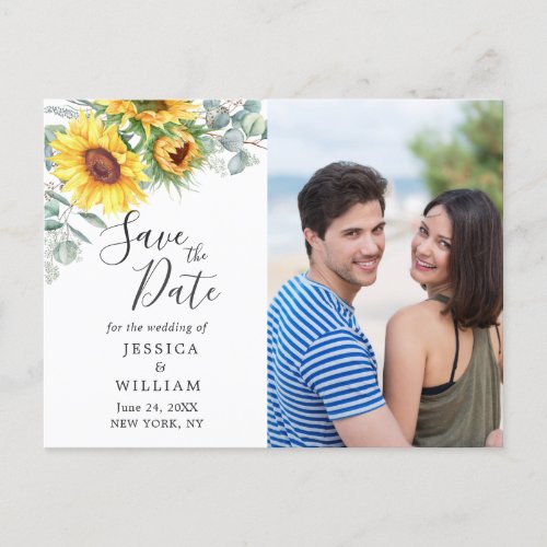 Sunflowers Eucalyptus PHOTO Wedding Save the Date Postcard