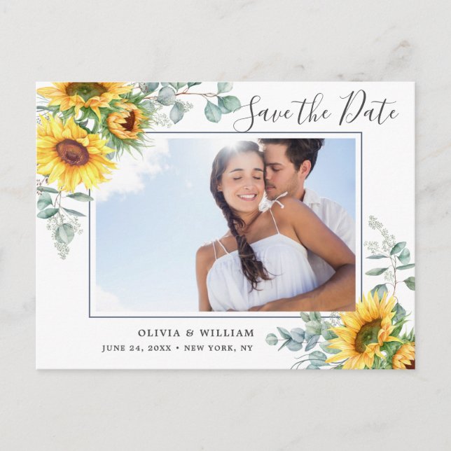 Sunflowers Eucalyptus PHOTO Wedding Save the Date Postcard (Front)