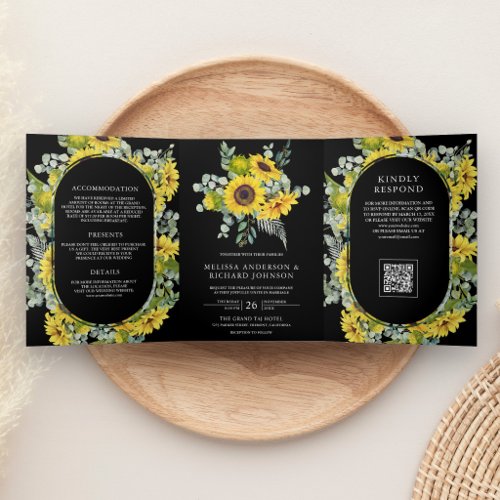Sunflowers Eucalyptus QR Code Black Wedding Tri-Fold Invitation
