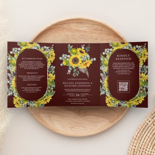 Sunflowers Eucalyptus QR Code Burgundy Wedding Tri-Fold Invitation