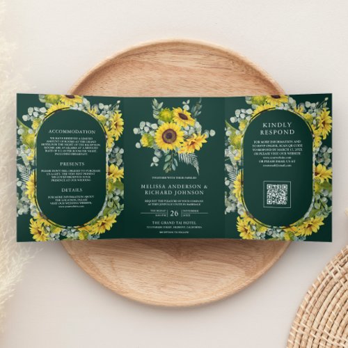 Sunflowers Eucalyptus QR Code Emerald Wedding Tri-Fold Invitation