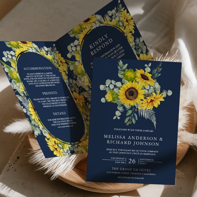Sunflowers Eucalyptus QR Code Navy Blue Wedding Invitation (Creator Uploaded)
