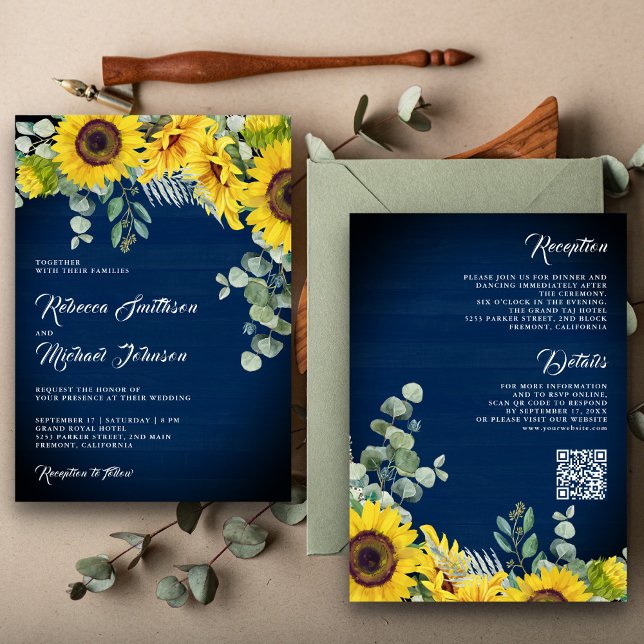 Sunflowers Eucalyptus QR Code Navy Blue Wedding Invitation (Creator Uploaded)