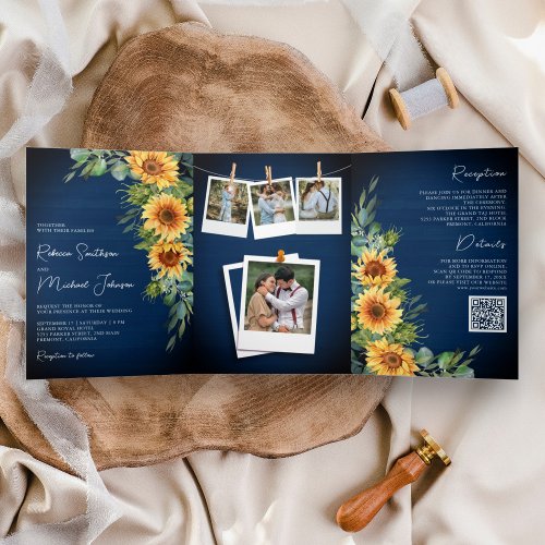 Sunflowers Eucalyptus QR Code Navy Blue Wedding Tri_Fold Invitation