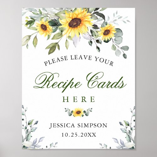 Sunflowers Eucalyptus Recipe Cards Bridal Shower Poster
