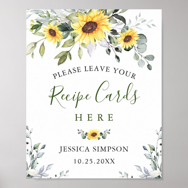 Sunflowers Eucalyptus Recipe Cards Bridal Shower Poster (Front)
