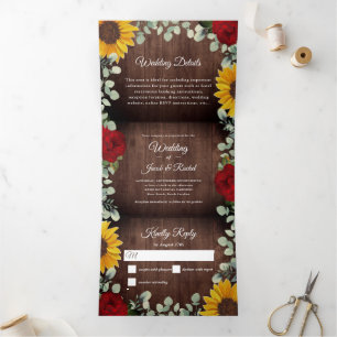 Sunflowers Eucalyptus Red Rose Wood Budget Wedding Tri-Fold Invitation