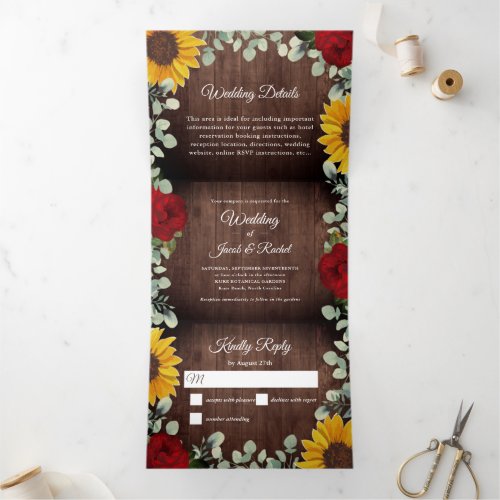 Sunflowers Eucalyptus Red Rose Wood Budget Wedding Tri_Fold Invitation