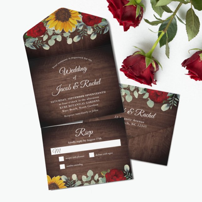 Sunflowers Eucalyptus Red Roses Rustic Wedding All In One Invitation (Creator Uploaded)