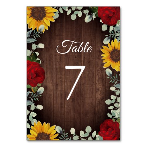 Sunflowers Eucalyptus Red Roses Wood Wedding Table Number
