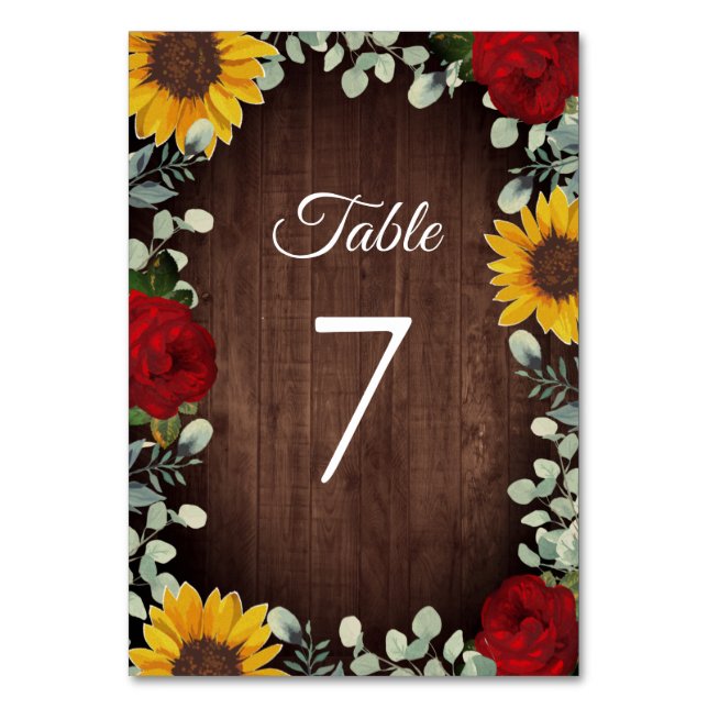 Sunflowers Eucalyptus Red Roses Wood Wedding Table Number (Front)