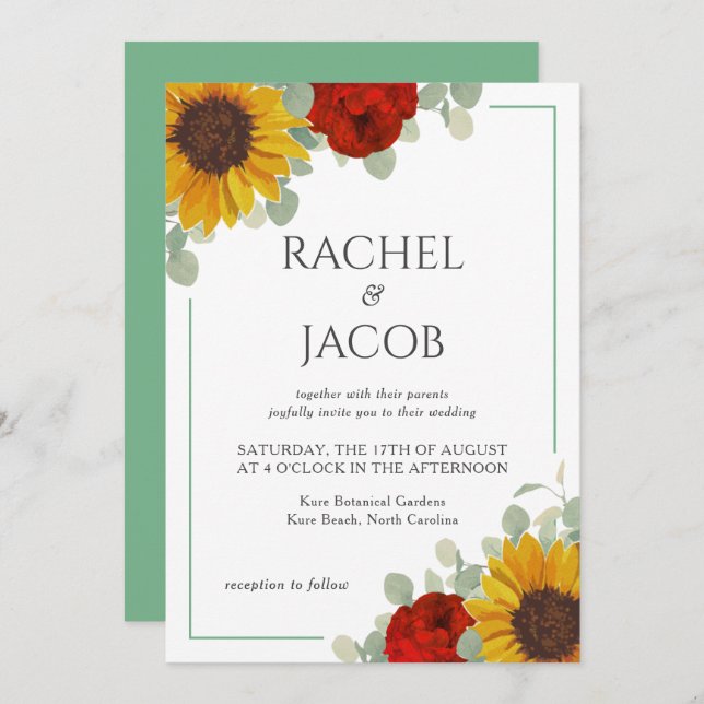 Sunflowers Eucalyptus Roses Modern Wedding Invitation (Front/Back)