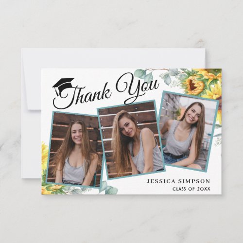 Sunflowers Eucalyptus Rustic 3 PHOTO Graduation  T Thank You Card