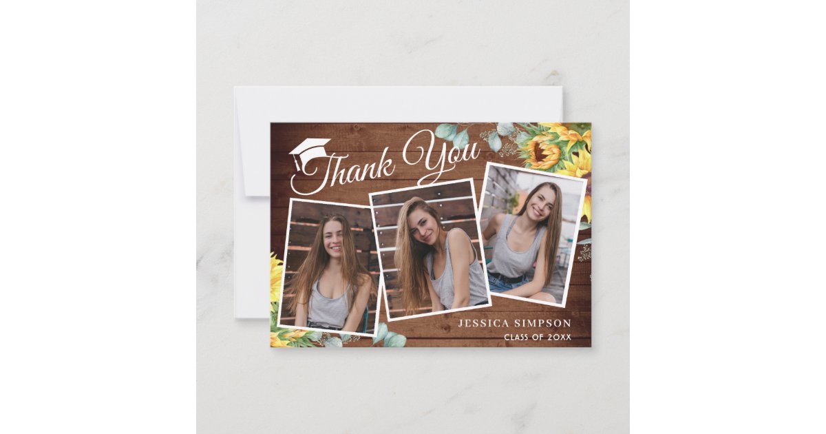 Sunflowers Eucalyptus Rustic 3 PHOTO Graduation Thank You Card | Zazzle