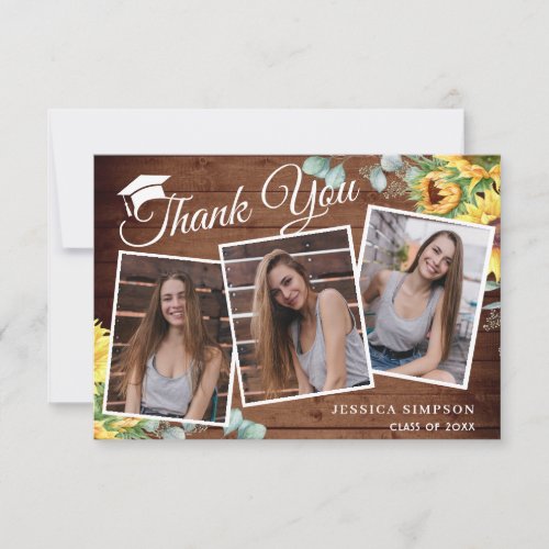 Sunflowers Eucalyptus Rustic 3 PHOTO Graduation  Thank You Card