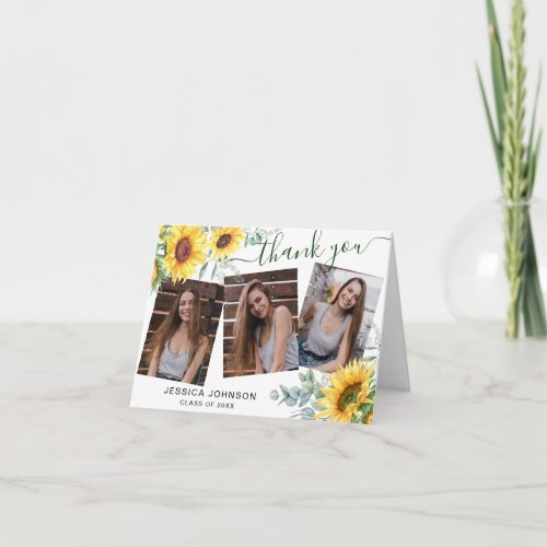 Sunflowers Eucalyptus Rustic 3 PHOTO Graduation Thank You Card