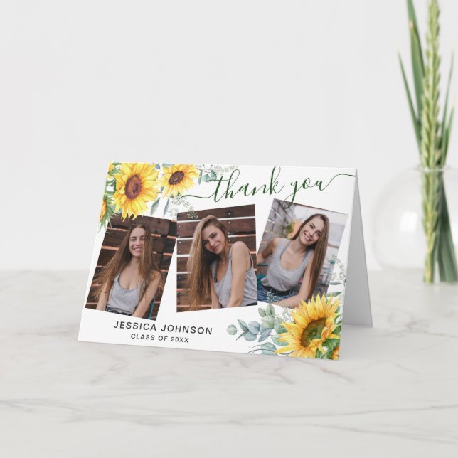 Sunflowers Eucalyptus Rustic 3 PHOTO Graduation Thank You Card (Front)