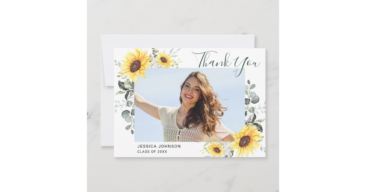 Sunflowers Eucalyptus Rustic 4 PHOTO Graduation Thank You Card | Zazzle