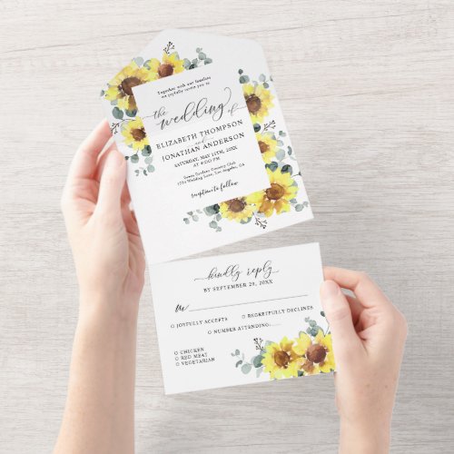Sunflowers Eucalyptus Rustic Floral Wedding RSVP All In One Invitation