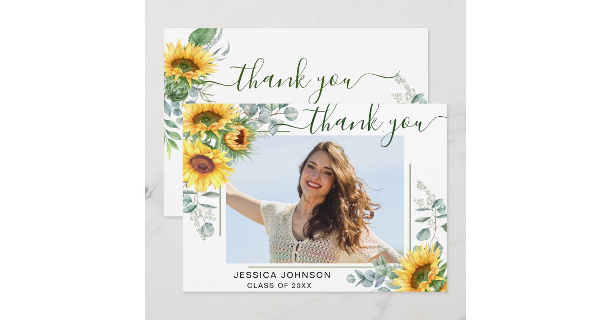 Sunflowers Eucalyptus Rustic PHOTO Graduation Thank You Card | Zazzle