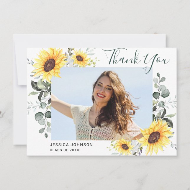 Sunflowers Eucalyptus Rustic PHOTO Graduation  Thank You Card (Front)