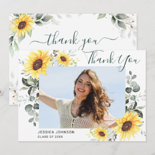 Sunflowers Eucalyptus Rustic PHOTO Graduation  Thank You Card