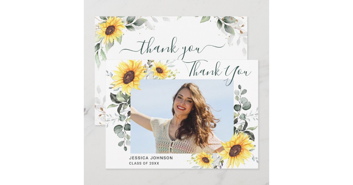 Sunflowers Eucalyptus Rustic PHOTO Graduation Thank You Card | Zazzle