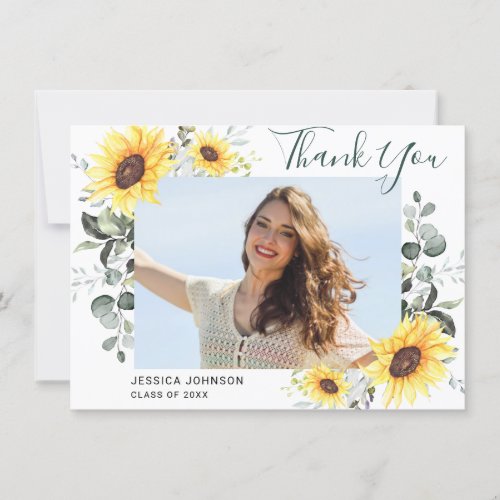 Sunflowers Eucalyptus Rustic PHOTO Graduation  Thank You Card