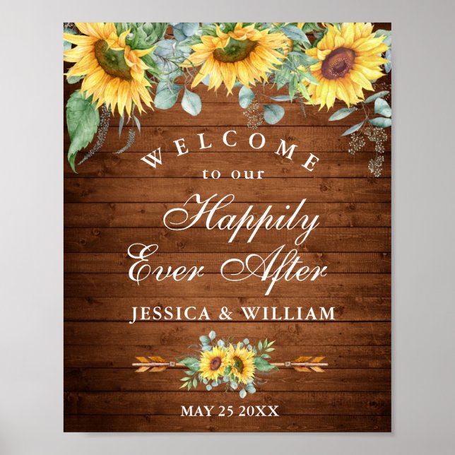 Sunflowers Eucalyptus Rustic Wedding Welcome Sign (Front)