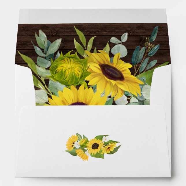 Sunflowers & Eucalyptus Rustic Wood Inset Wedding Envelope (Back (Bottom))