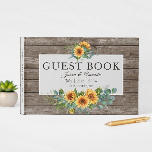 Sunflowers Eucalyptus Rustic Wood Wedding Guest Book