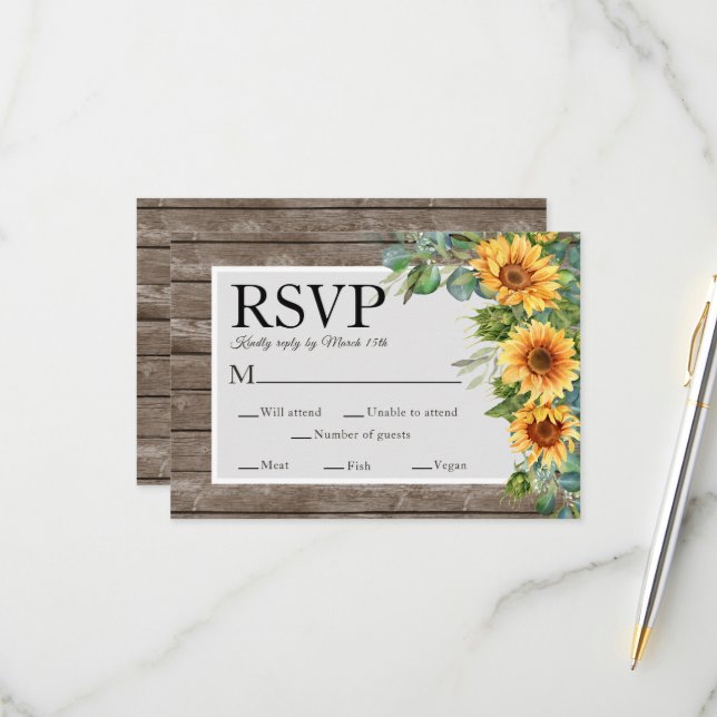Sunflowers Eucalyptus Rustic Wood Wedding RSVP Card (Front/Back In Situ)
