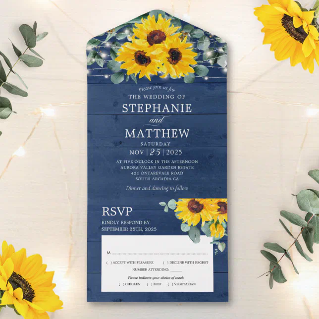 Sunflowers Eucalyptus String Lights Navy Wedding All In One Invitation ...