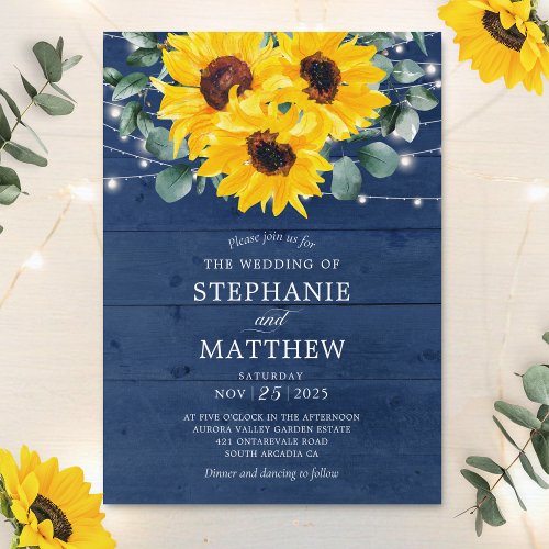Sunflowers Eucalyptus String Lights Navy Wedding Invitation