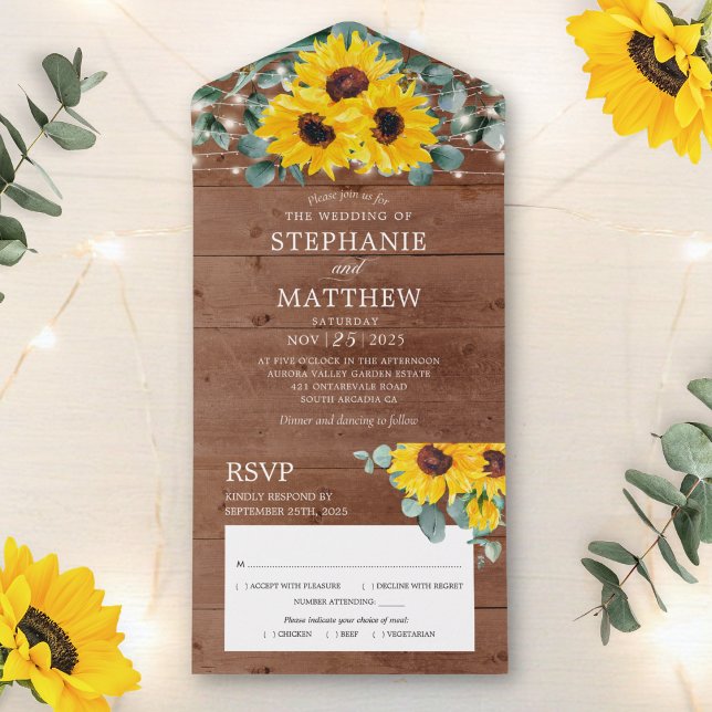 Sunflowers Eucalyptus String Lights Wood Wedding All In One Invitation (Creator Uploaded)